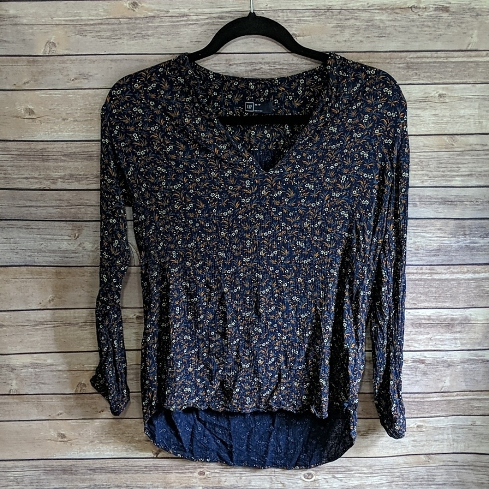 GAP Women's Blue Floral Long Sleeve Blouse Top
